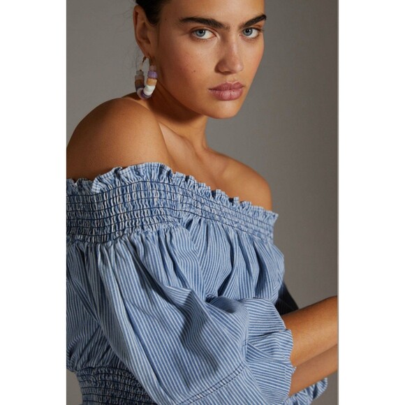 Anthropologie Porridge Top Sz L Ruby Off Shoulder Cropped Denim Striped Boho - Picture 2 of 16